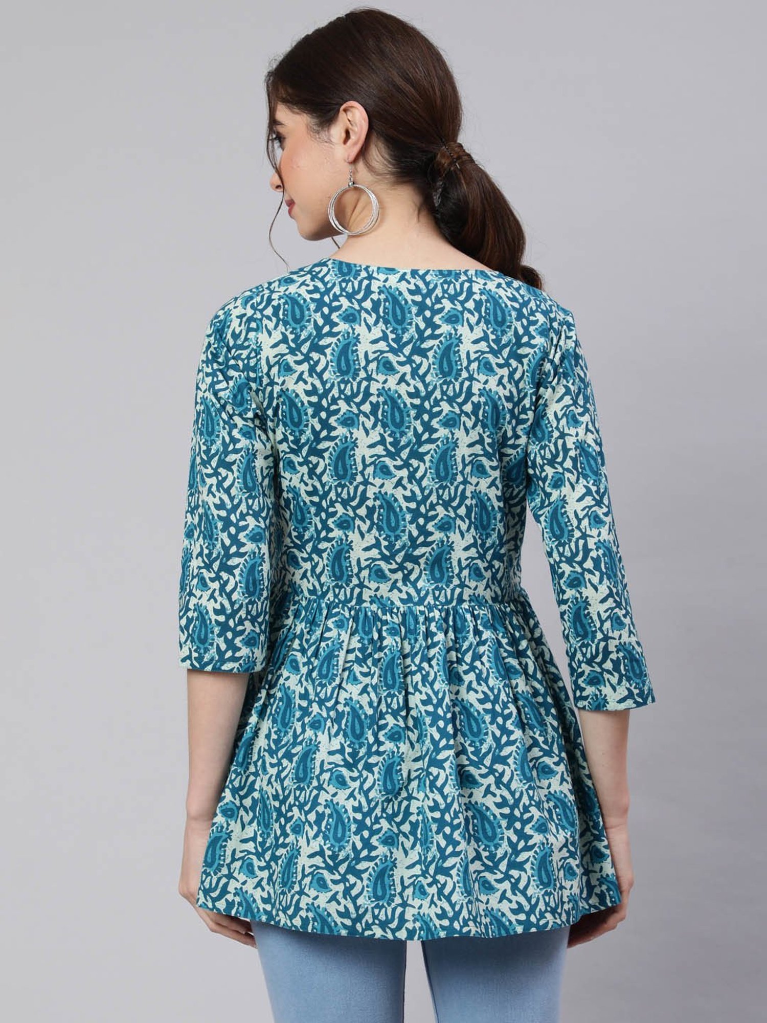 Jaipur Kurti Turquoise Printed Peplum Top