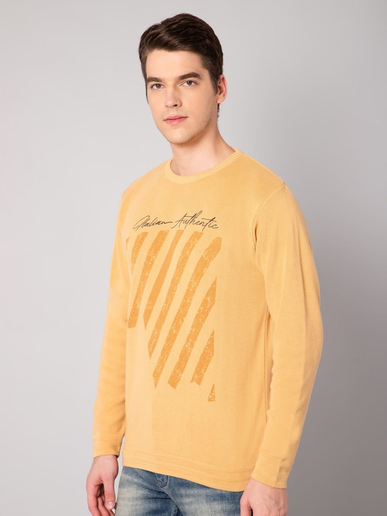 Cantabil Mustard Regular Fit Printed Sweater