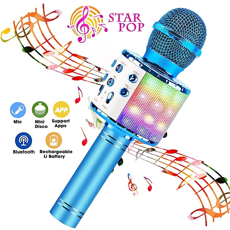 Bluetooth 4 in 1 Karaoke Wireless Microphone with LED Lights, Portable Microphone for Kids, Girls, Boys and Adults (Blue)