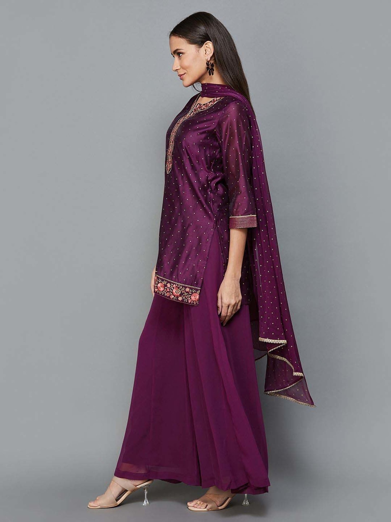 Melange by Lifestyle Wine Embellished Kurti Palazzo Set With Dupatta