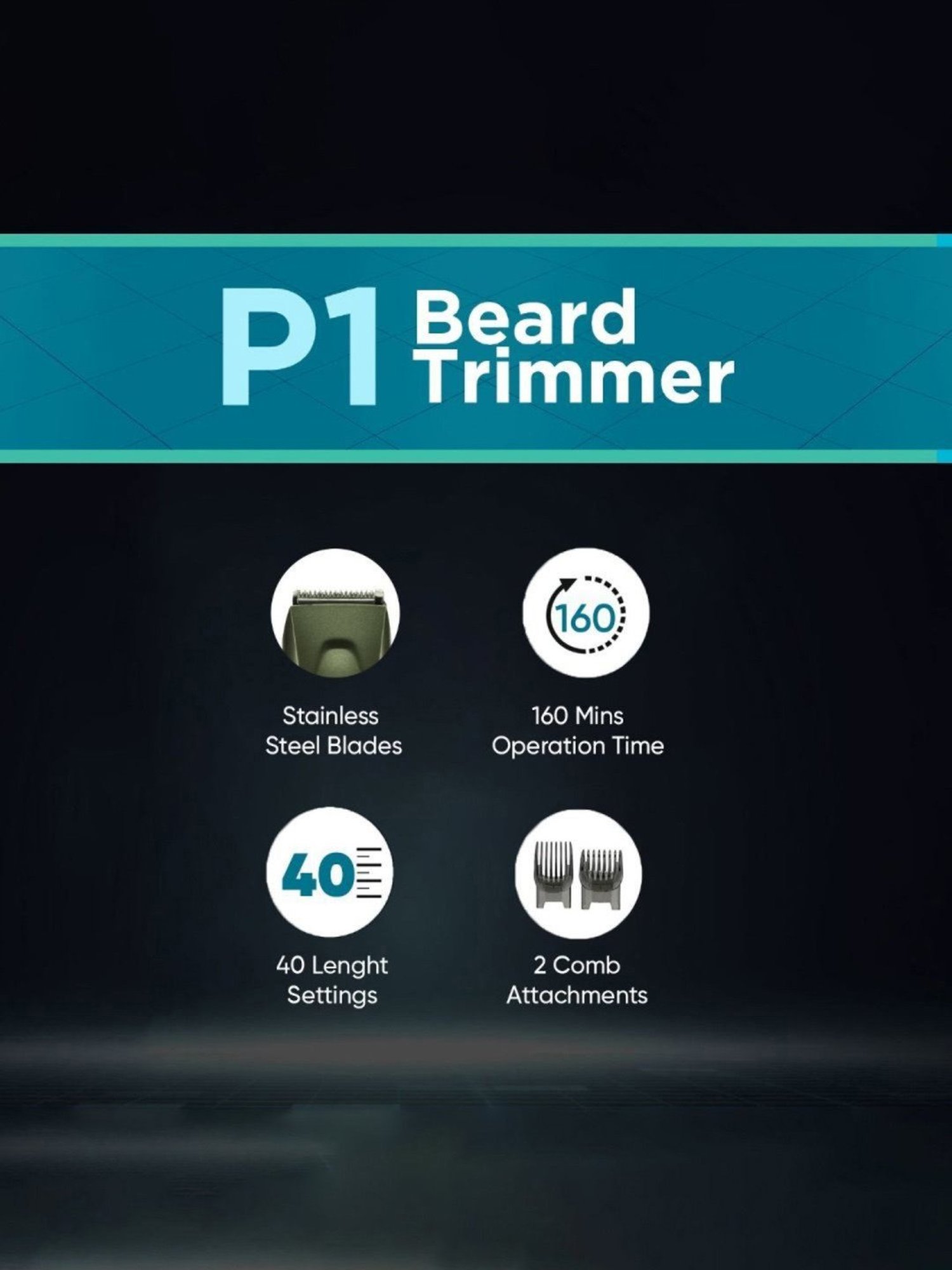 Vega P1 Battery Powered Beard Trimmer for Men with 160 Mins Runtime & 40 Length Settings (VHTH-25)