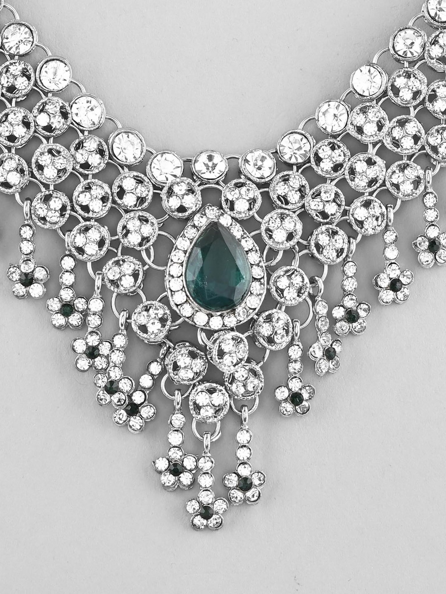 VOJ Silver Plated Cz-Stone Studded with Green Stone Choker Set with Mangtikka for Women