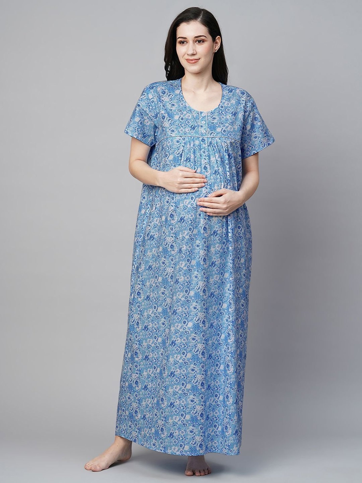 MomToBe Blue Cotton Printed Feeding Nighty