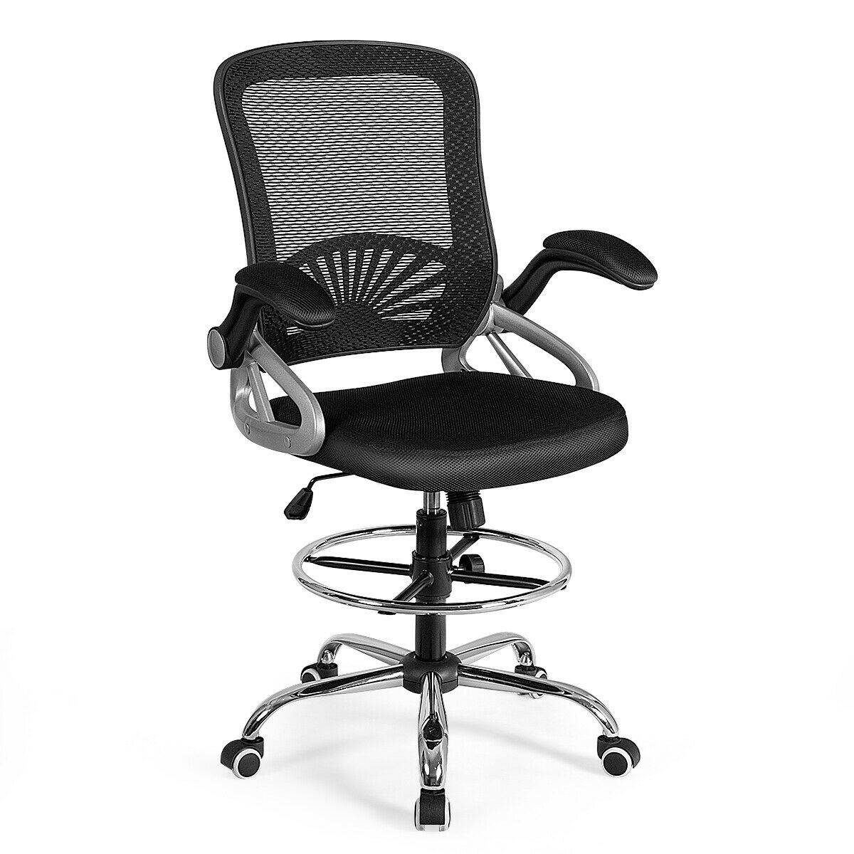 Mesh Drafting Chair Mid Back Office Chair Adjustable Height Flip-Up Arm Black
