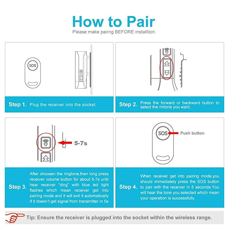 Caregiver Pager Nurse Call Alert Caregiver Pager with IP55 Waterproof SOS Call Button for Caregiver Alert System with Neck Strap 2 SOS Button+1 Receiver