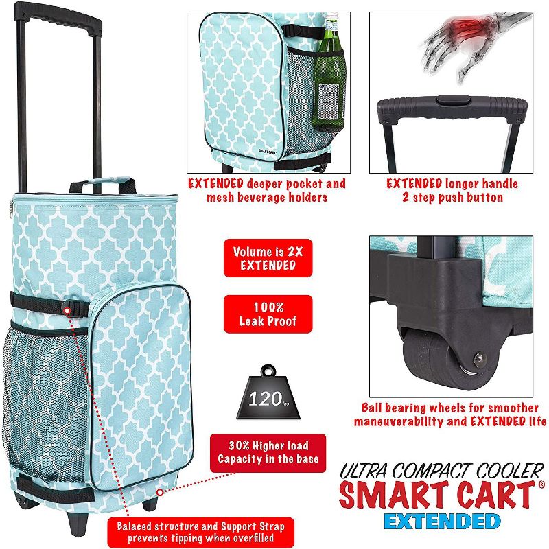 dbest products Ultra Compact Extended Insulated 45 Can Smart Cart Rolling Cooler with Heavy Duty Wheels and Telescoping Handle, Blue Moroccan Tile