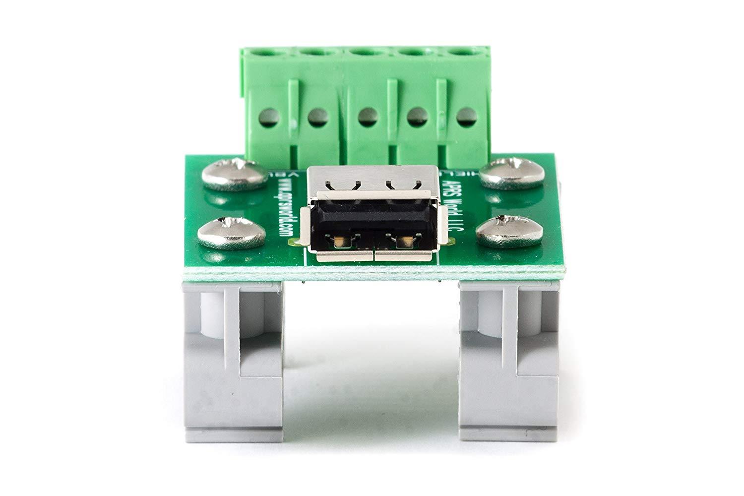 USB A Jack Breakout Board to Screw Terminals with DIN Rail Clips