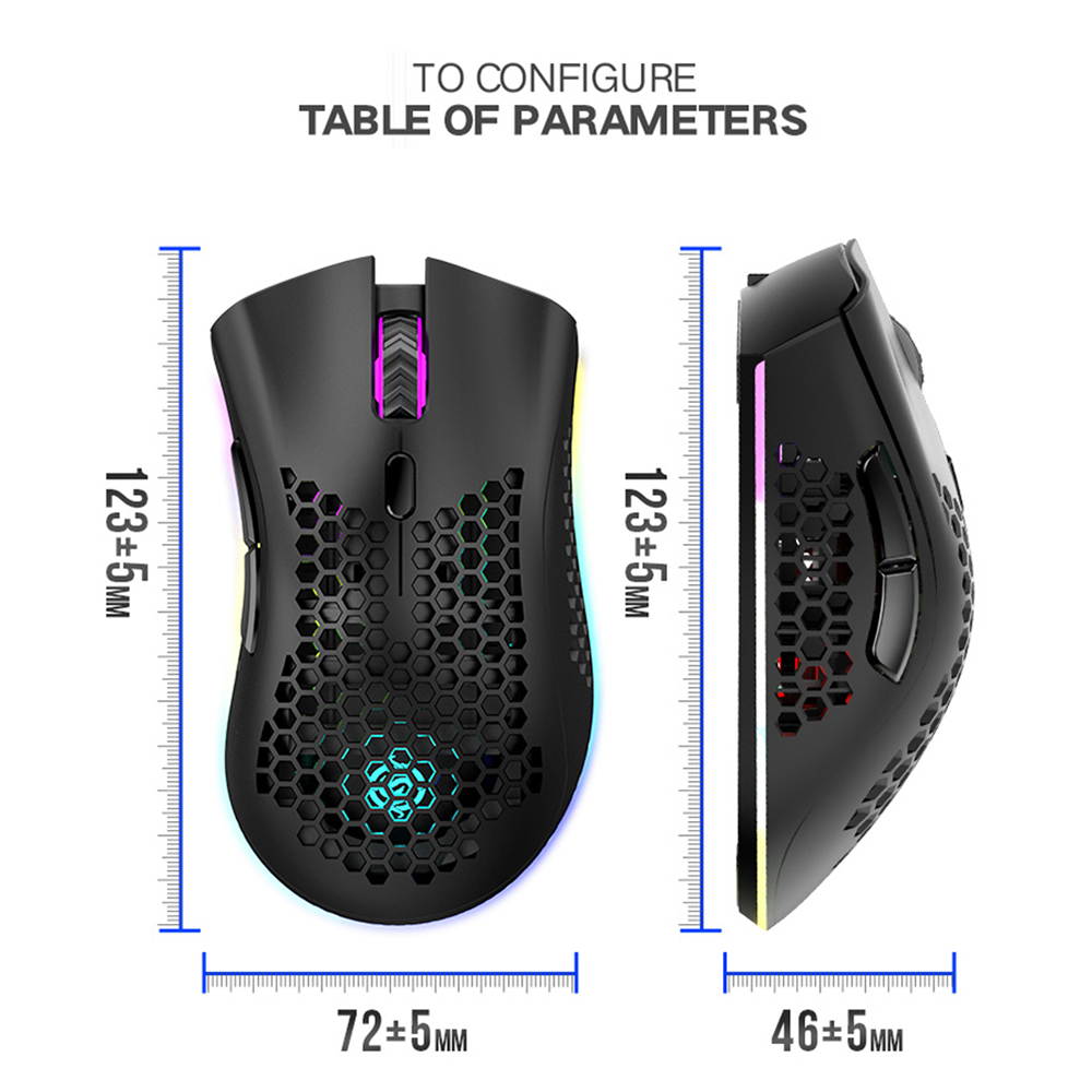 Lightweight Gaming Mouse, 2.4G Wireless Mouse Honeycomb Design Rechargeable Wireless Gaming Mouse with USB Receiver RGB Backlight Computer Mouse for Laptop PC (Black)