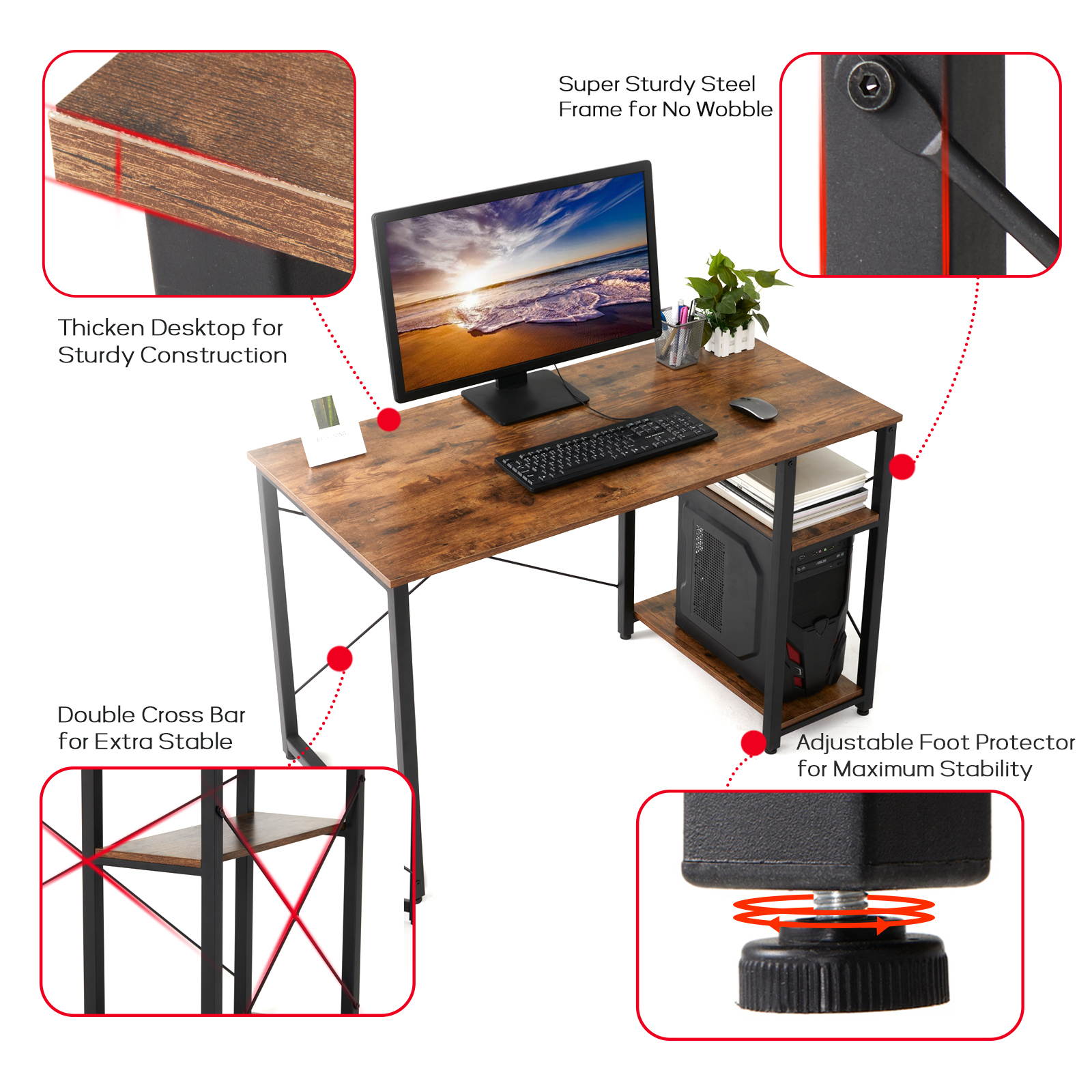 Gome Home Office Computer Desk with Shelves - 47 Inch Large Writing Study Desk with Storage Bookshelf, Modern Simple PC Desk for Small Space, Industrial Work Wood Desk Easy Assemble