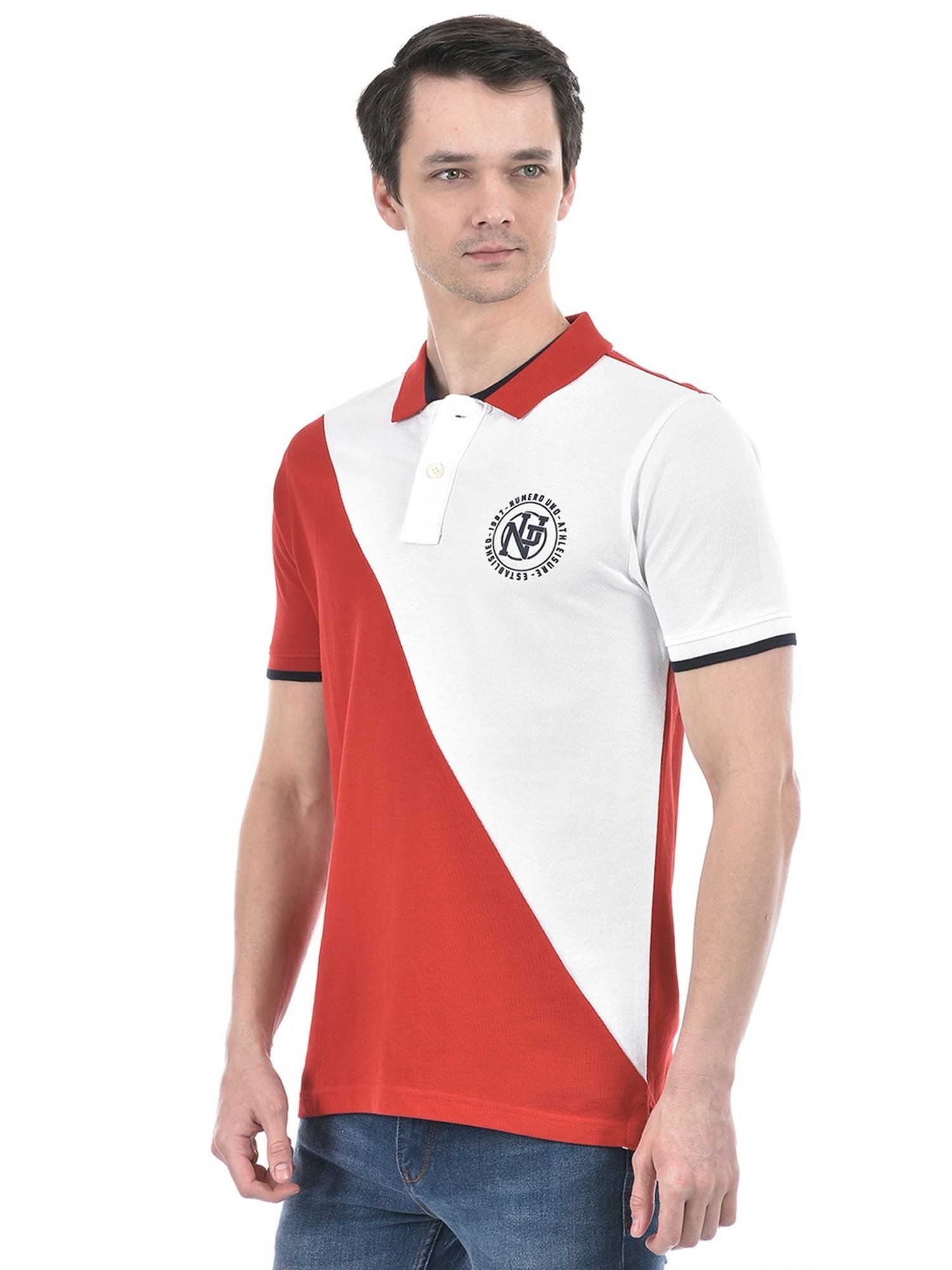 Numero Uno White Cotton Regular Fit Colour Block Polo T-Shirt