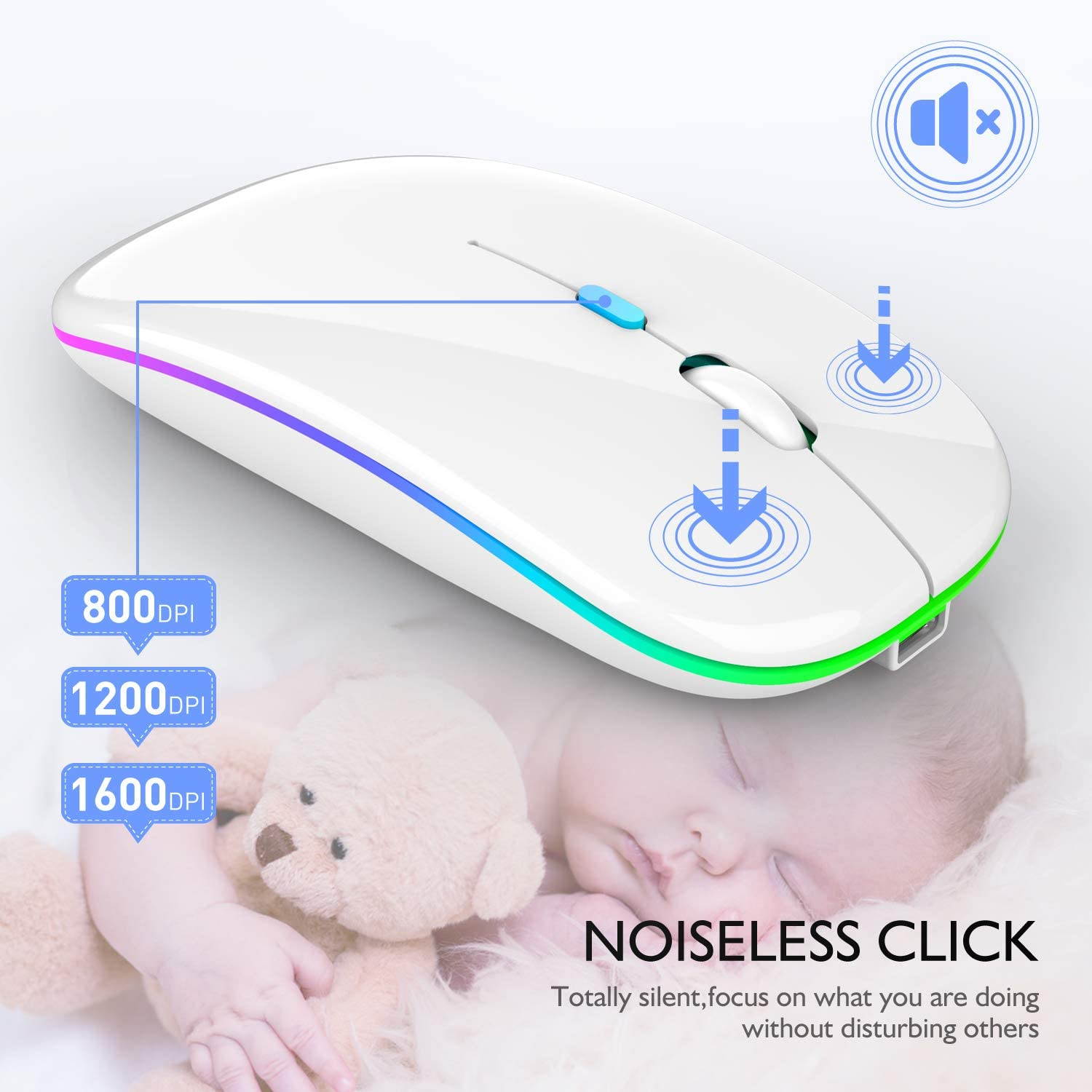 LED Bluetooth wireless mouse, MacBook Pro Bluetooth mouse, MacBook Air Bluetooth mouse, rechargeable wireless mouse, suitable for MacBook, laptop, Mac, ipad, iPad Pro (black)