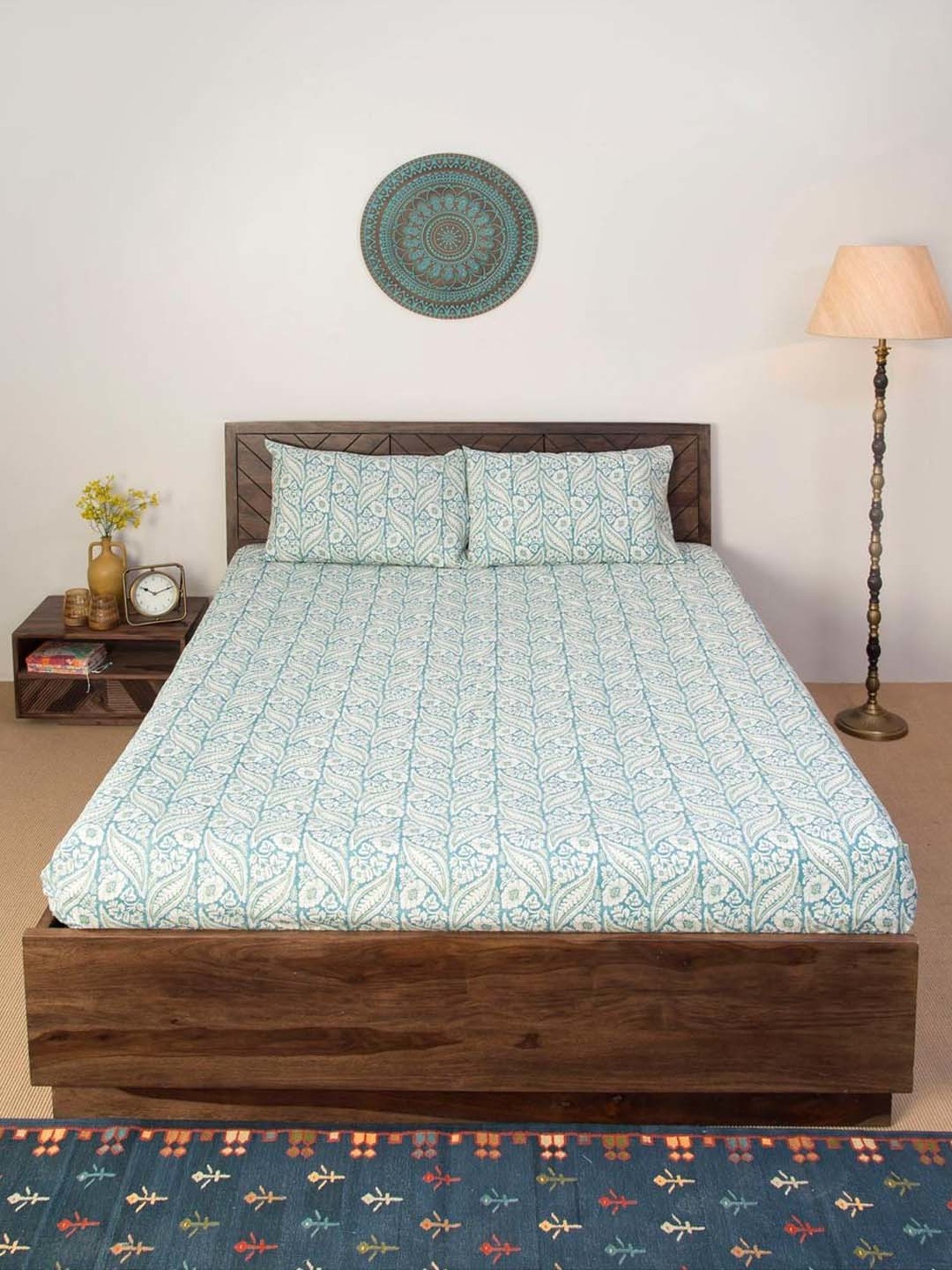 Fabindia Home Standalone Blue Cotton 118 TC Printed Double Bedsheet With 2 Pillow Cover