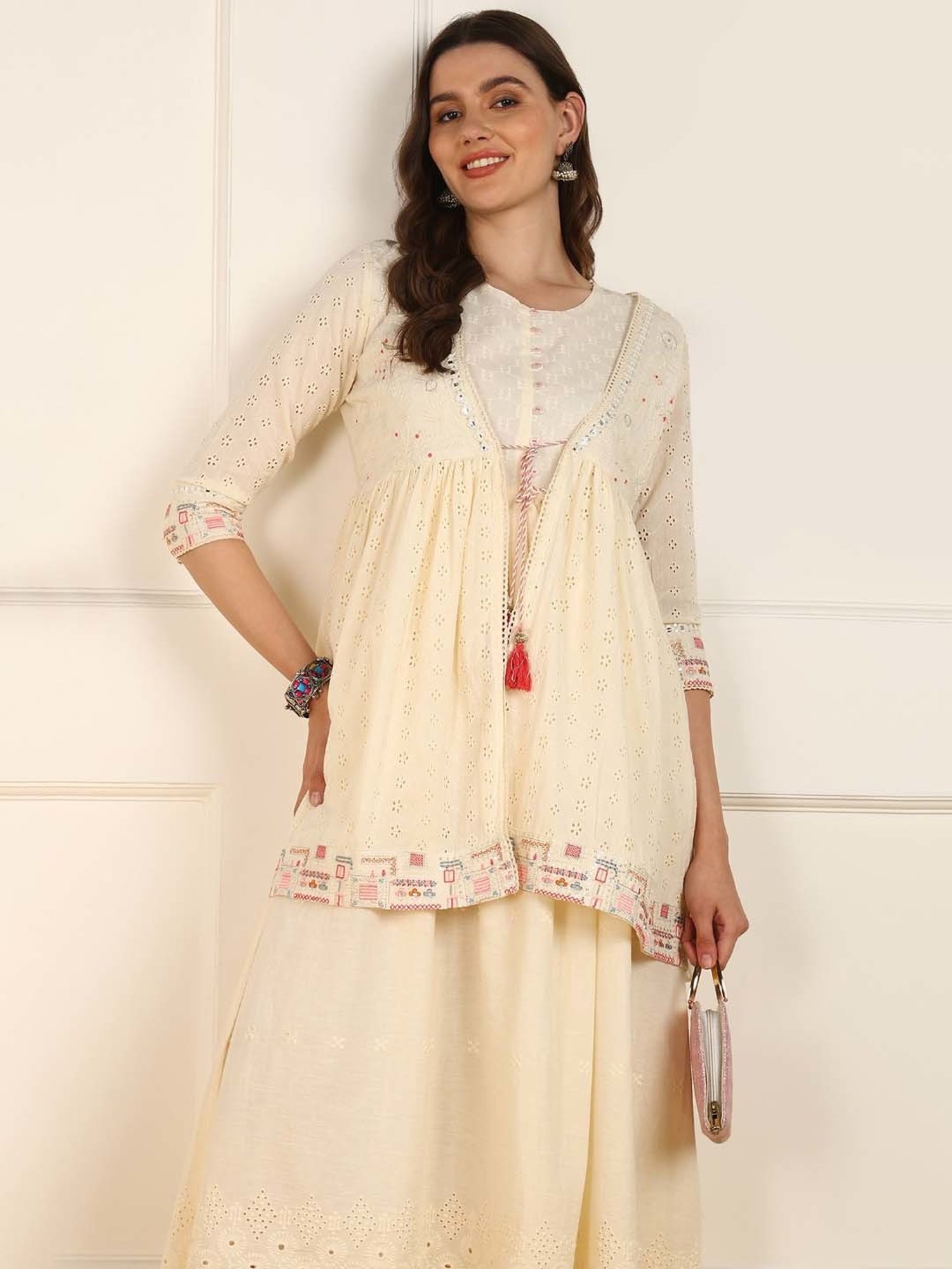 Vaamsi Beige Cotton Embellished Maxi Dress With Shrug