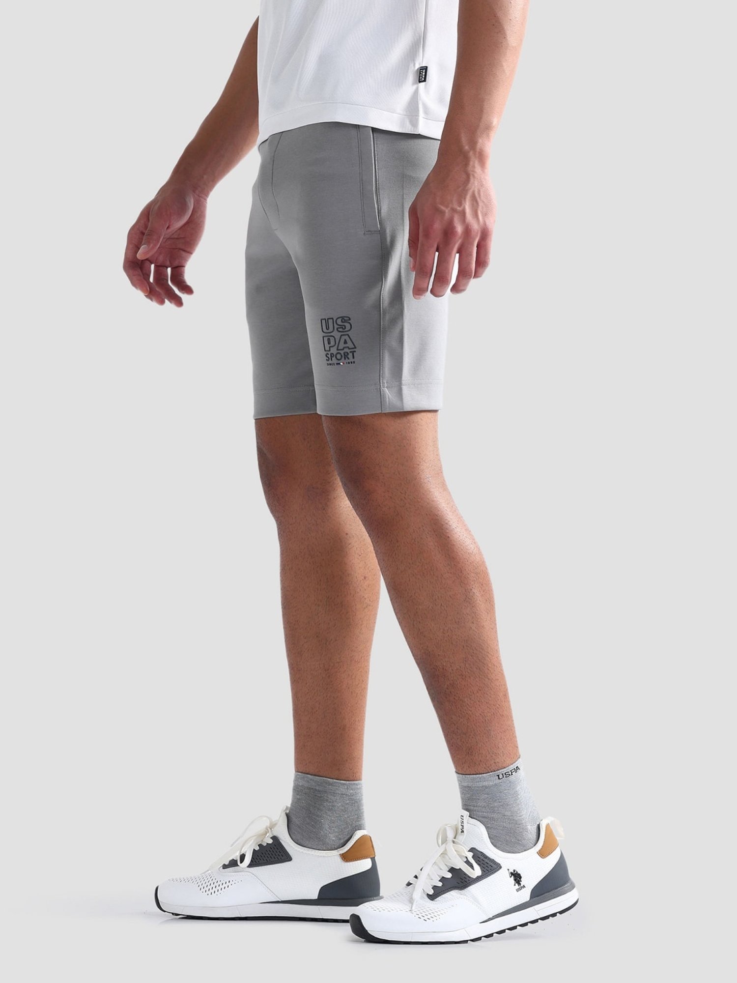 USPA Active Grey Slim Fit Logo Printed Sports Shorts
