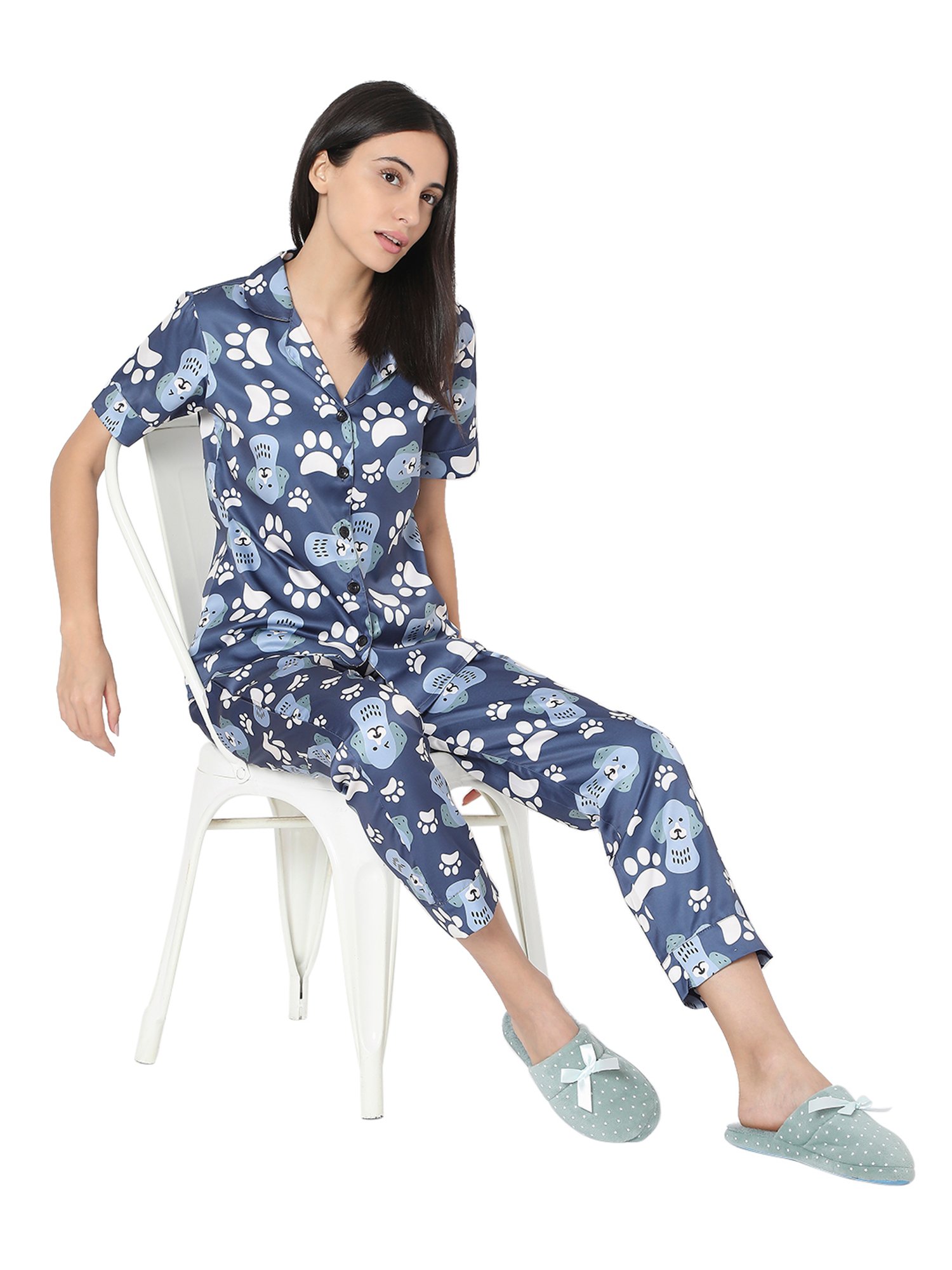 Smarty Pants Blue Satin Animal Print Shirt With Pyjamas