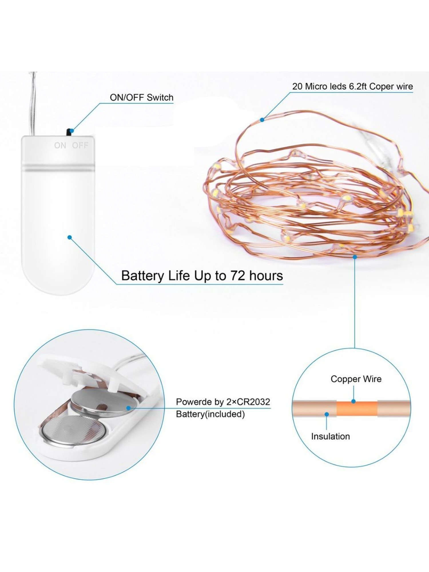 XERGY 20 LED 2 m Starry String Battery Fairy Lights 2X CR2032 Large Beads Copper Wire (Pack of 6 )