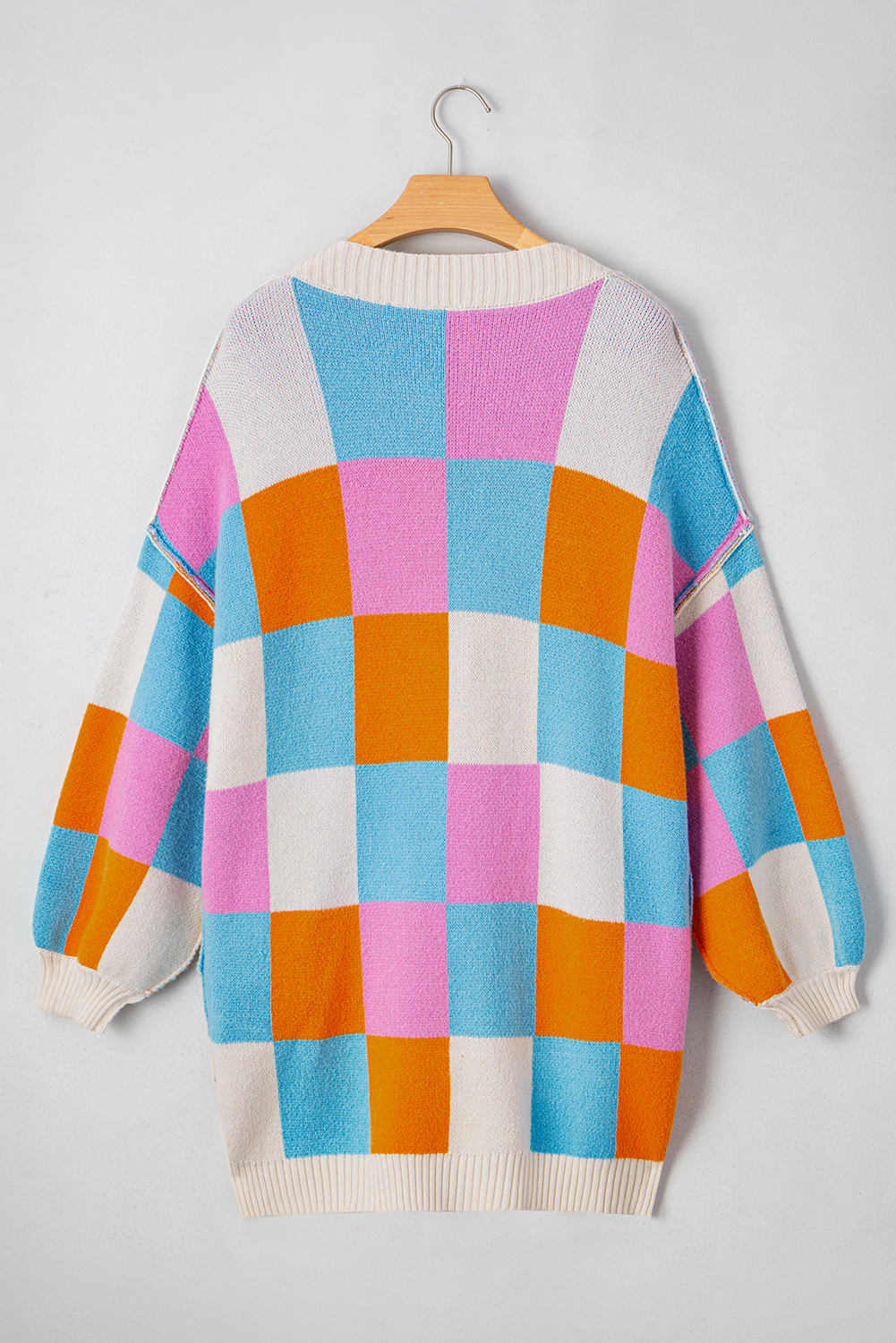 Black Plaid Casual Contrast Trim Knit Cardigan