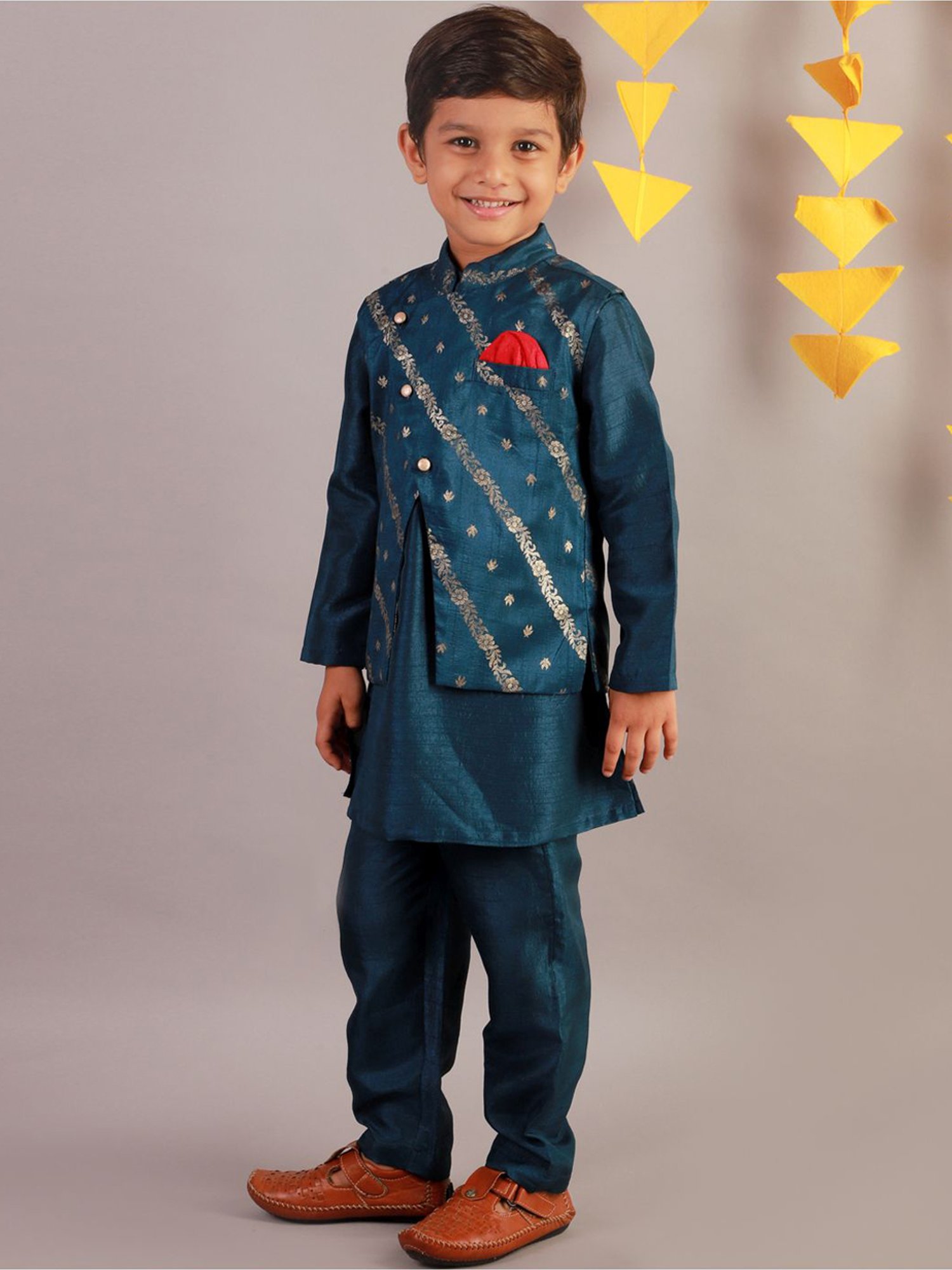 Lil Drama Kids Teal Blue Floral Print Full Sleeves Kurta Set