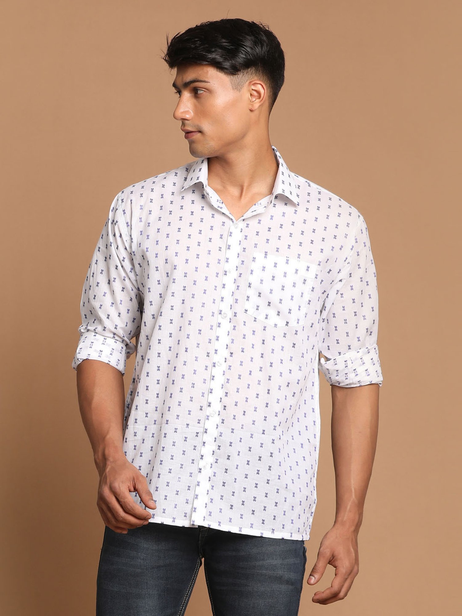 VASTRAMAY Sky Blue Regular Fit Self Design Shirt