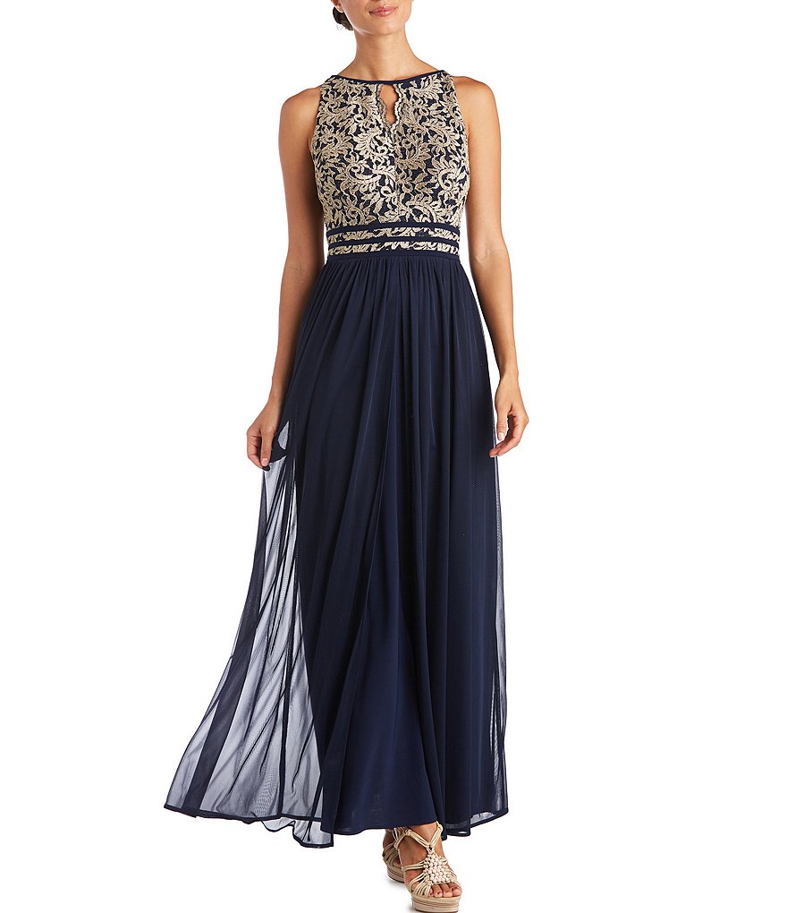 R & M Richards Sleeveless Glitter Lace Keyhole Halter Dress