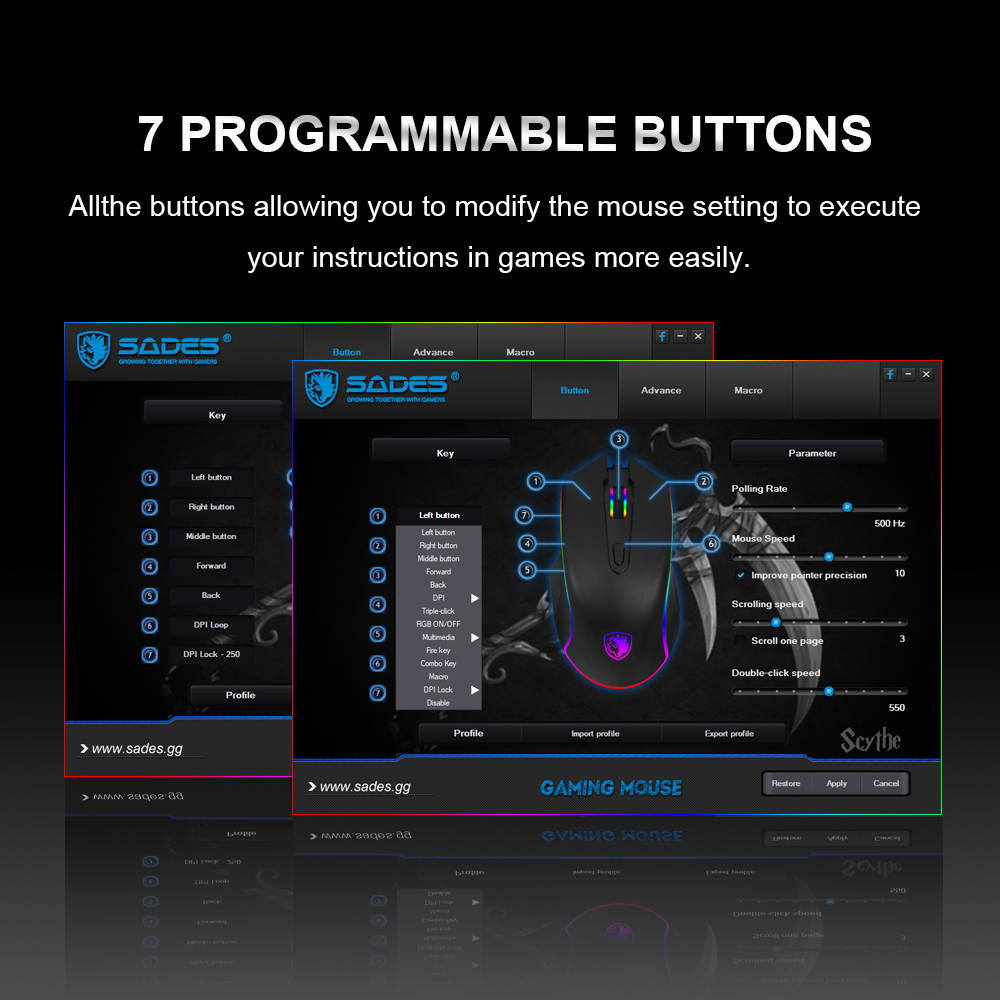 SADES Scythe FPS Gaming Mouse 4000DPI 7 programmable buttons 11 RGB lighting Opto-electronic Ambidextrous Ergonomic Mouse