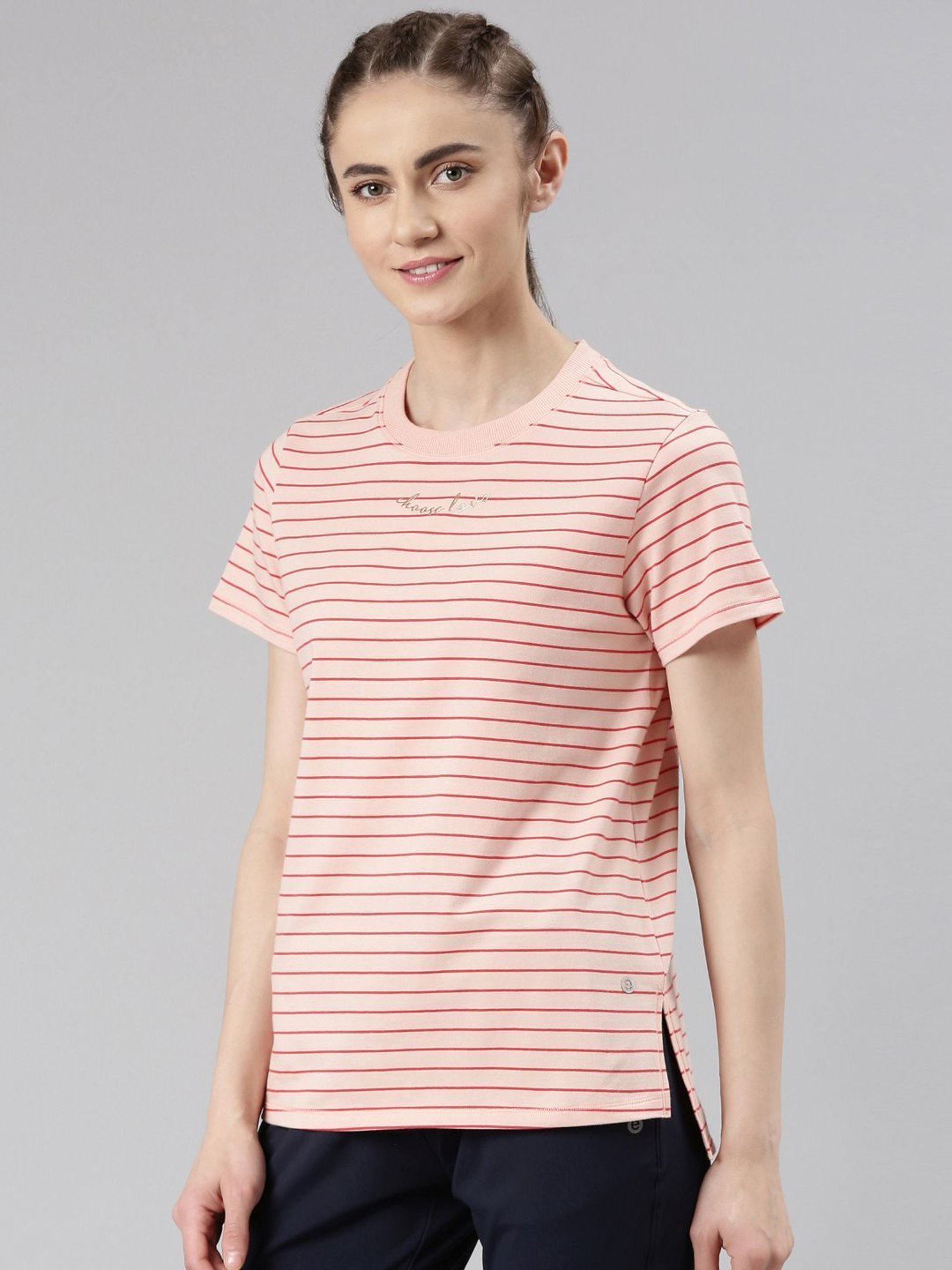 Enamor Salmon Pink Cotton Striped Sports T-Shirt
