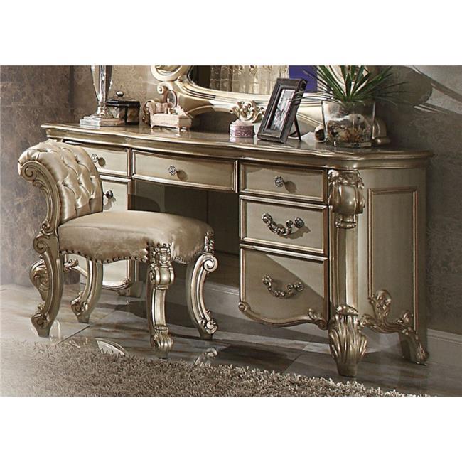 Benzara BM185904 30.71 x 22.05 x 62.99 in. Wooden Vanity Desk with Scrolled Poster Legs, Patina Gold & Bone White