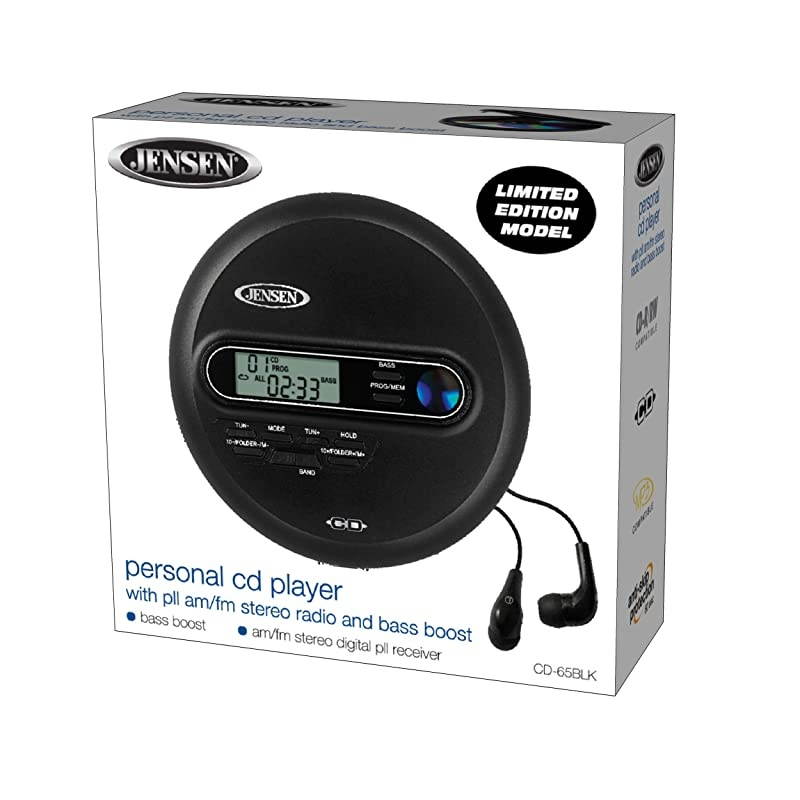 Portable CD Player Personal CD/MP3 Player + AM/FM Radio + with LCD Display Bass Boost 60-Second Anti Skip CD R/RW/Compatible+ Sport Earbuds Included (Limited Edition Black Series)