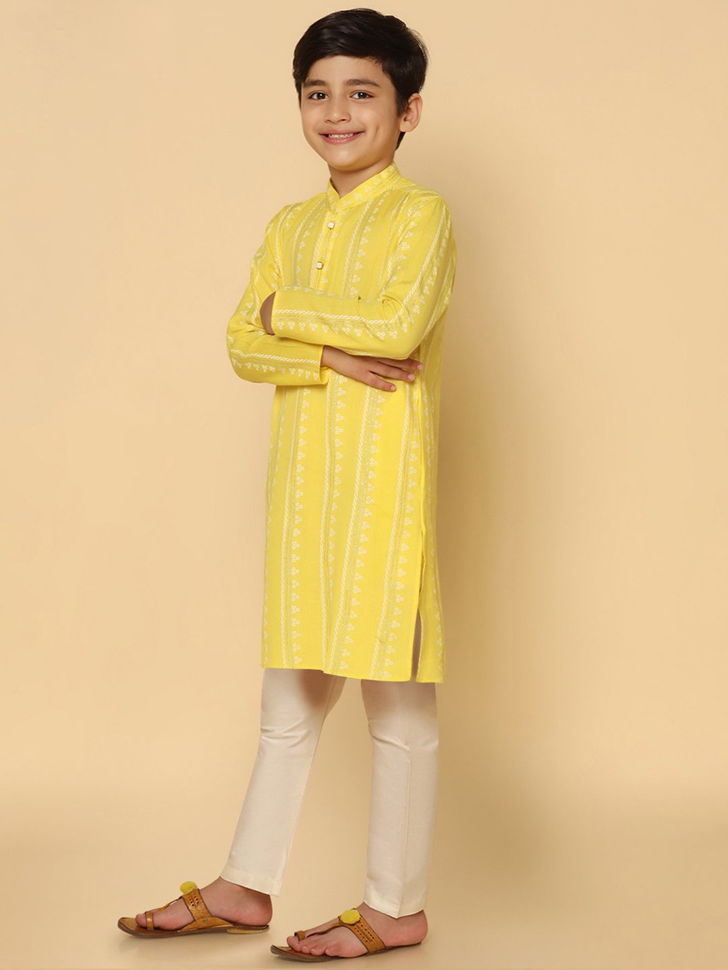 KISAH Boys Yellow & White Printed Full Sleeves Kurta with Pyjamas