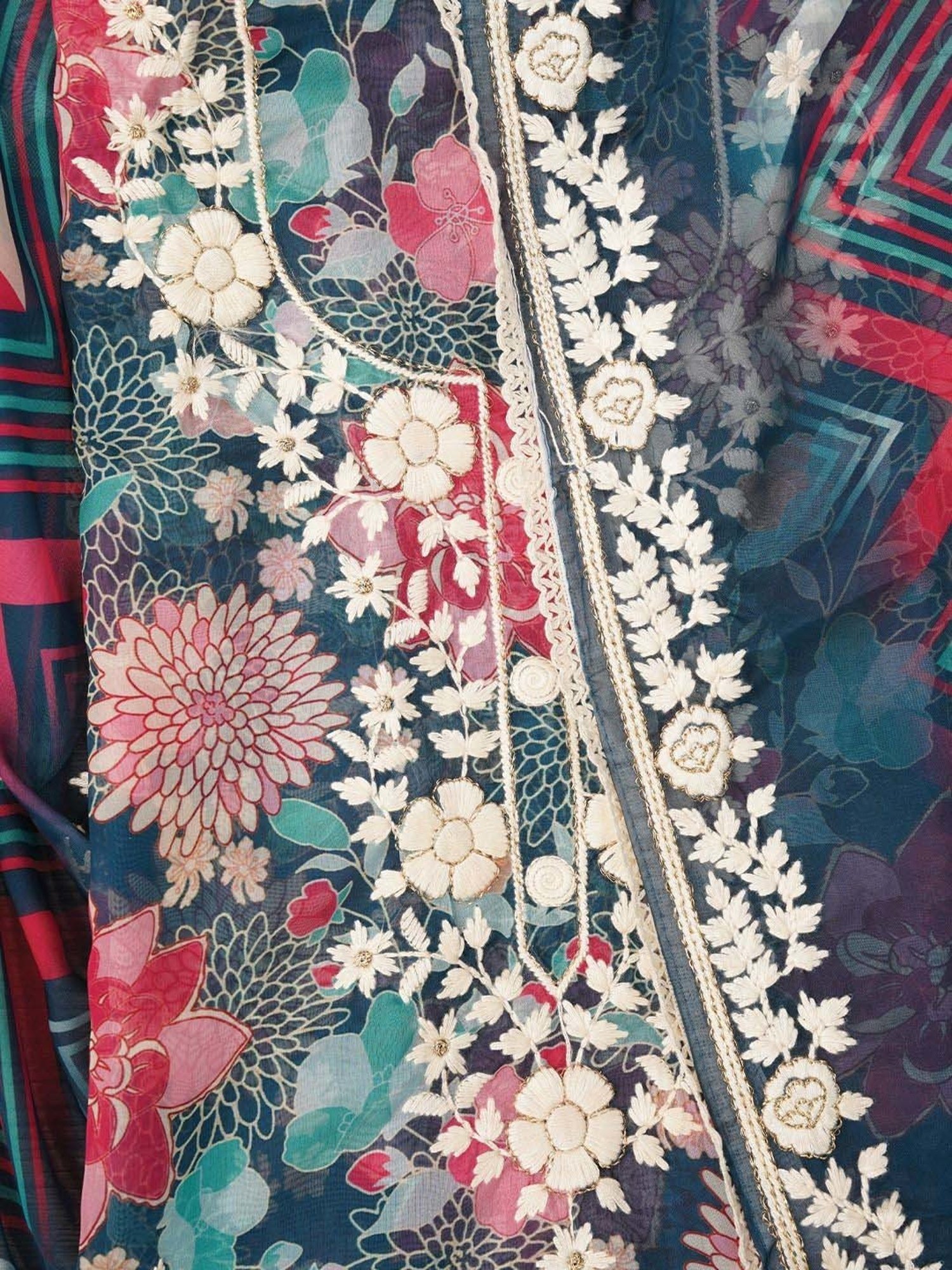 Jaipur Kurti Teal Blue Embroidered Unstitched Dress Material