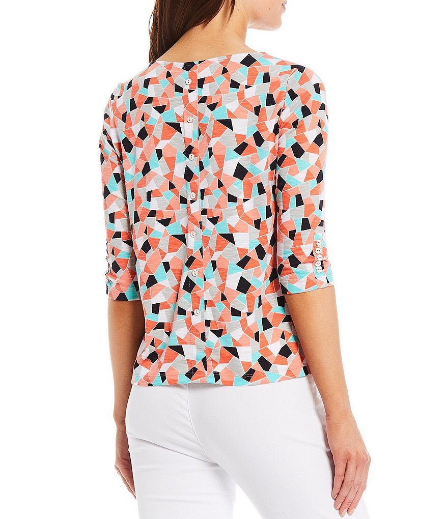 Multiples Petite Size Multicolor Texture Geo Print Button Detail 3/4 Sleeve Slub Knit Top