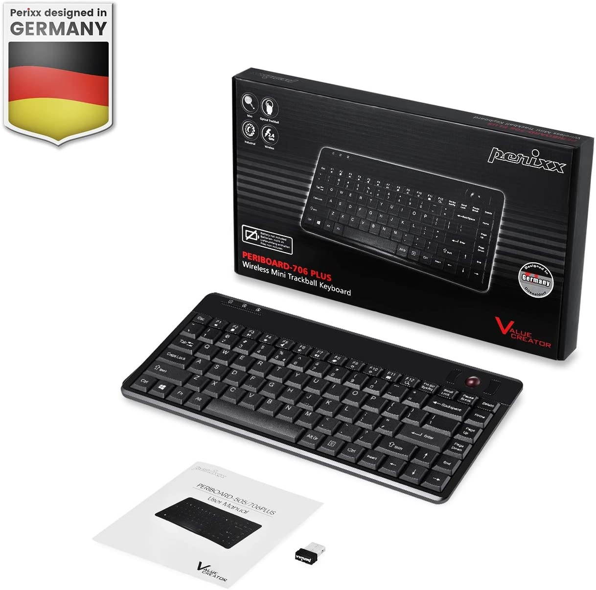 Perixx Periboard-706 Wireless Trackball Mini Keyboard, Build-in 0.55 Inch Trackball for Pointing Feature, Black, US English Layout (10532)