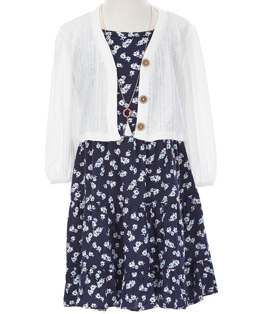 I.N. Girl Big Girls 7-16 Long-Sleeve Solid Cardigan & Printed Fit-And-Flare Dress