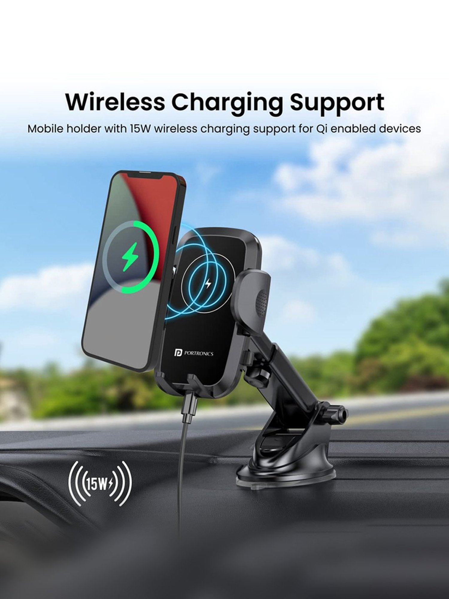 Portronics POR-1767 Charge Clamp 2 Mobile Holder with 15W Wireless Charging (Black)