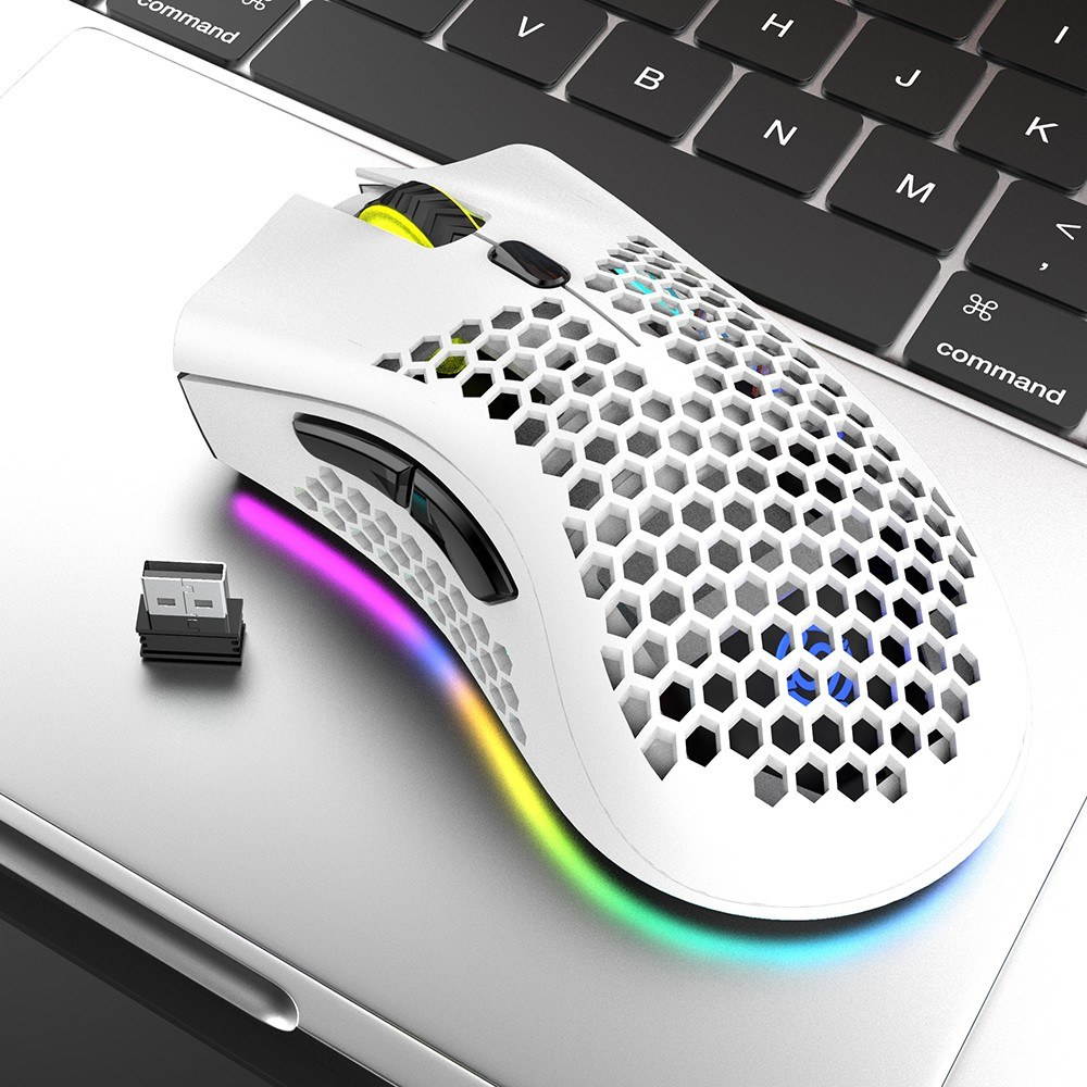 2.4G Wireless Gaming Mouse Rechargeable Mouse with RGB Light Effect 3 Adjustable DPI Hollowed-out Honeycomb Design