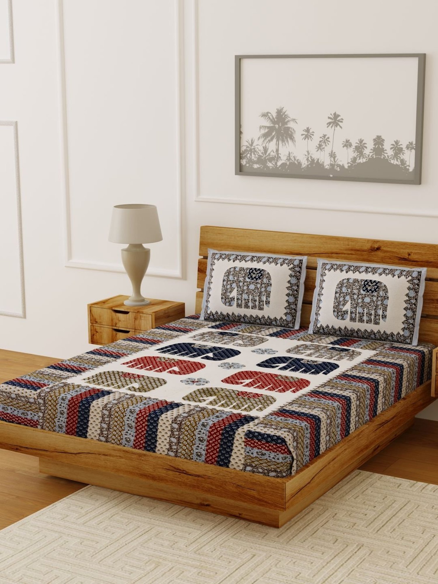 Living Roots Multicolor Jaipuri Printed Cotton Bed Sheet with 2 Pillow Cover