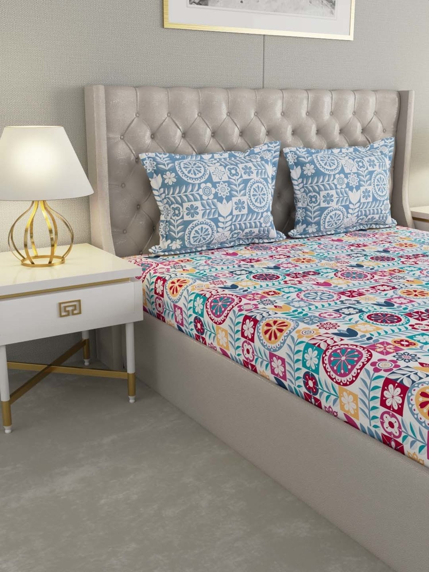 House This Juniper Blue Cotton 600 TC Double Size Bedsheet With Pillow Covers