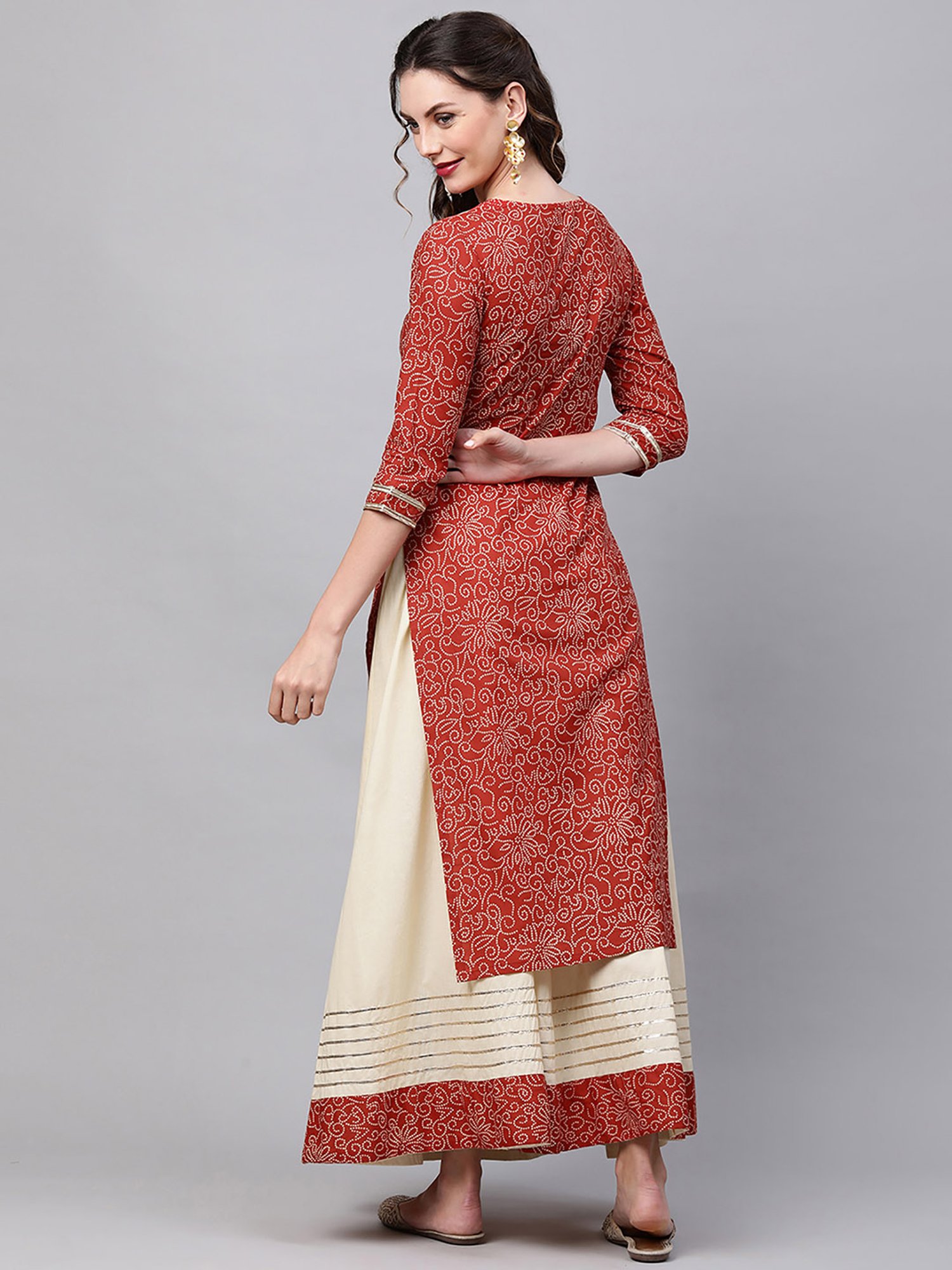 Indo Era Red & Cream Bandhani Kurta Skirt Set