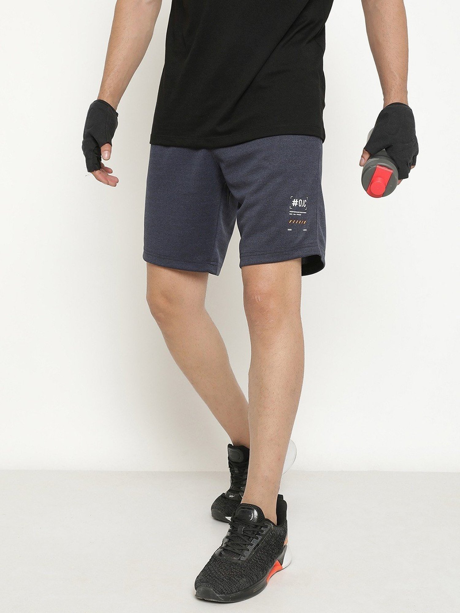 Octave Navy Melange Cotton Regular Fit Printed Shorts