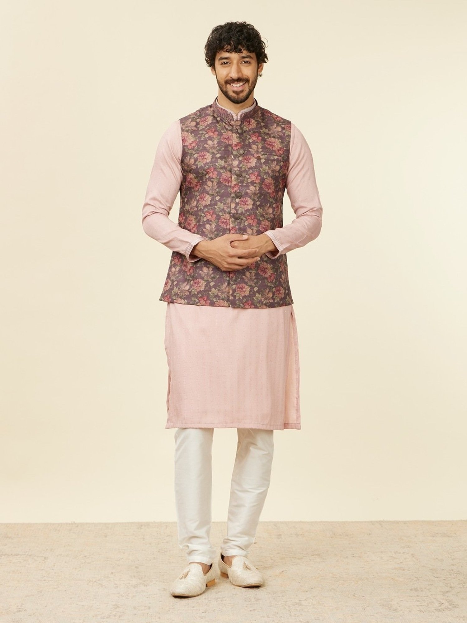 Manyavar Wine Regular Fit Printed Nehru Jacket