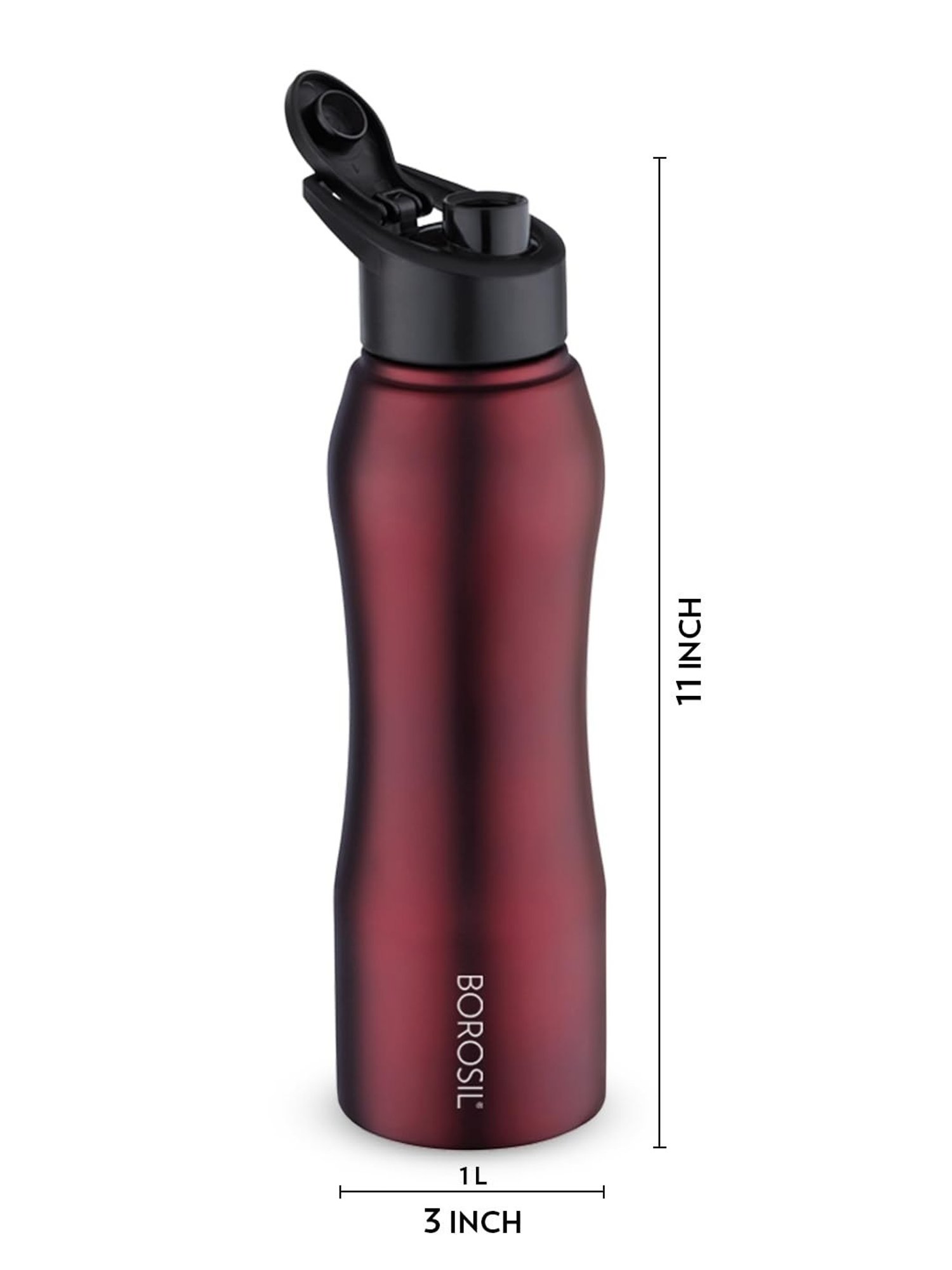 Borosil Water Bottle with Single Wall & Leakproof Set of 4 (Maroon, 1000 ml)