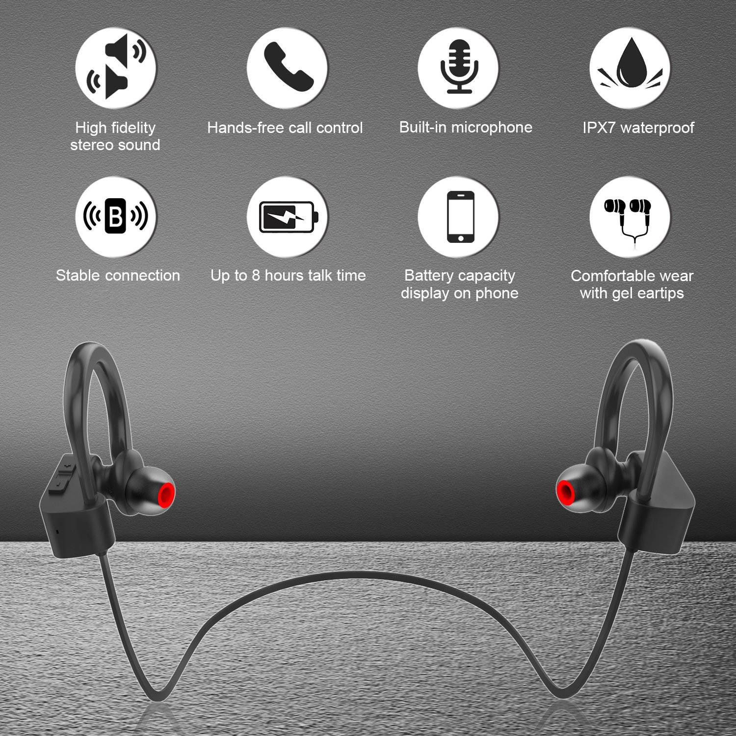 Bluetooth Headphones IPX7 Waterproof, Wireless Sport Earphones, HiFi Bass Stereo Sweatproof Earbuds w/Mic, Noise Cancelling Headset for Workout, Running, Gym, 8 Hours Play Time