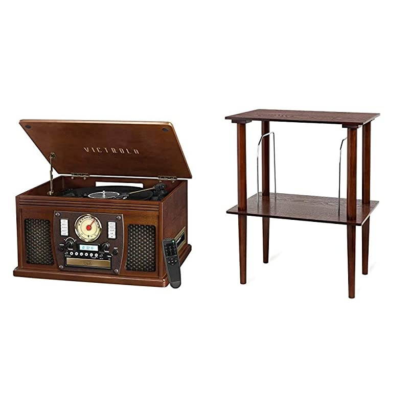 VTA-600B-ESP Navigator 8-In-1 Classic Bluetooth Record Player with USB Encoding and 3-Speed Turntable, Brown & Wooden Stand for Wooden Music Centers with Record Holder Shelf, Espresso