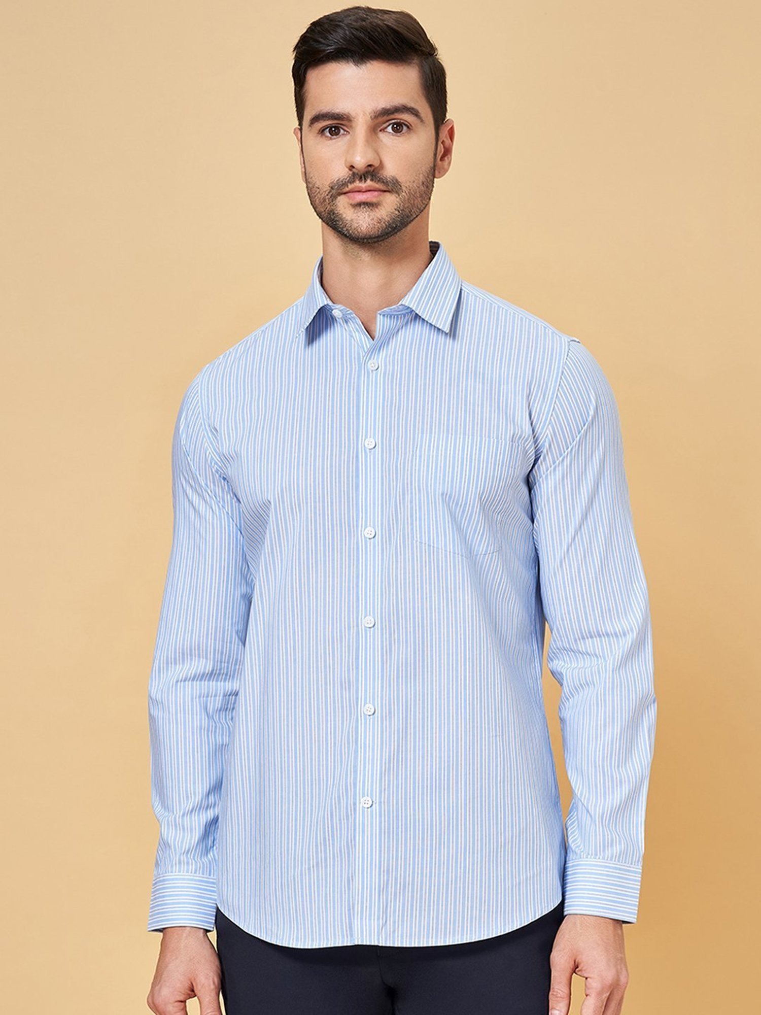 Peregrine by Pantaloons Cornflower Blue Cotton Regular Fit Striped Shirt