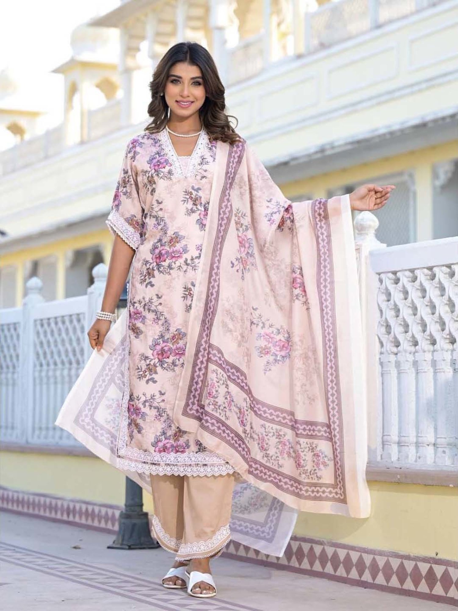 Varanga Beige Cotton Printed Kurta Palazzo Set With Dupatta