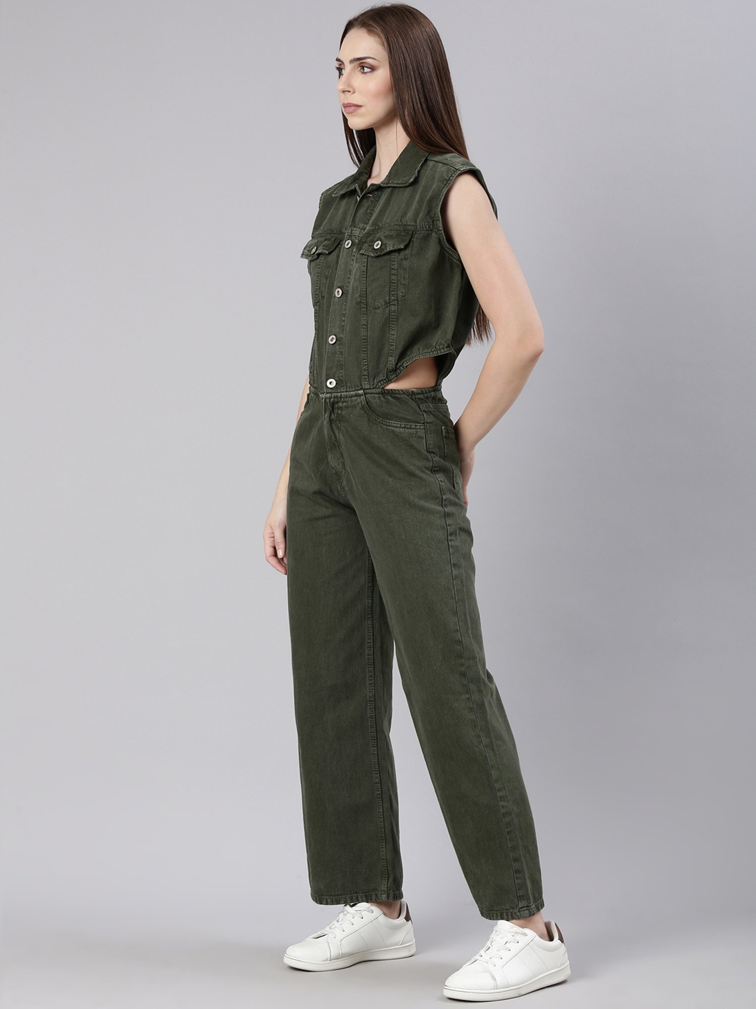 SHOWOFF Olive Denim Maxi Jumpsuit