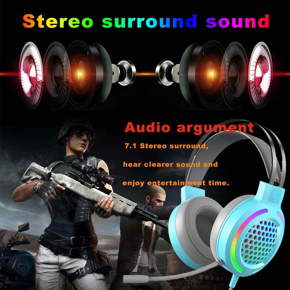 Gaming Headset with 7.1 Surround Sound,PC Lightweight Headset with Noise Canceling Mic,Bass Surround,Soft Memory Earmuffs,Rainbow LED Backlit for PC,PS4,Xbox One Controller(Adapter Not Included)(Pink)