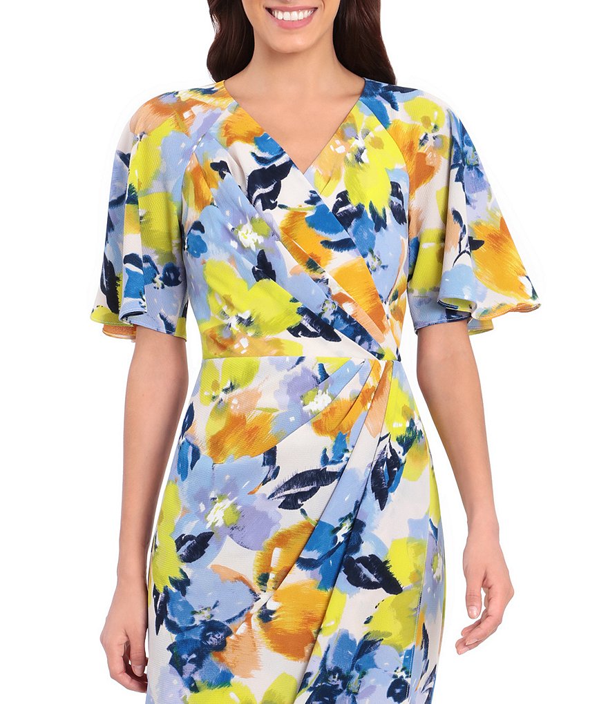 Maggy London Floral Bubble Crepe Faux Wrap Midi Dress