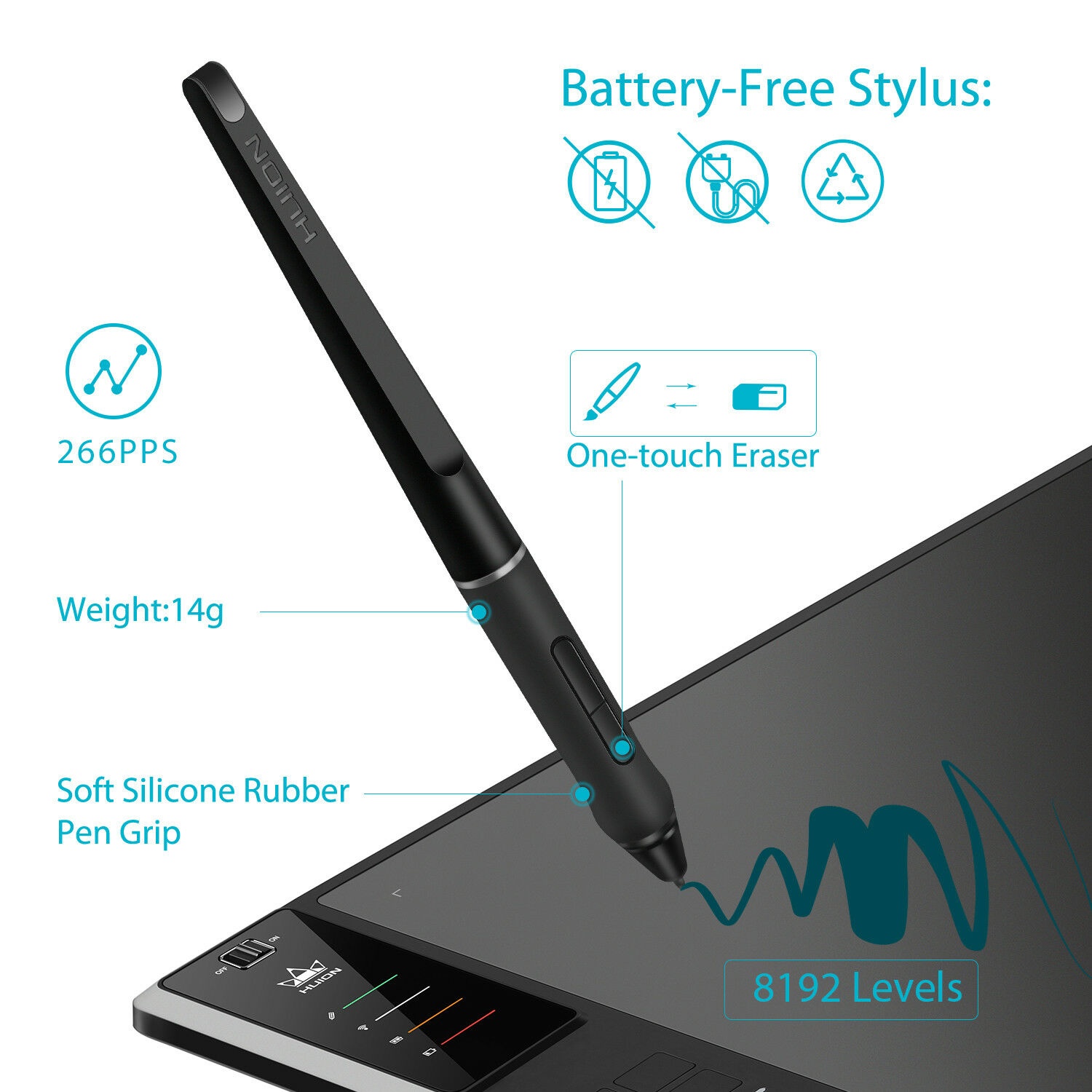 Huion WH1409 V2 Wireless Graphics Drawing Tablet Battery Frees Pen Tilt Support