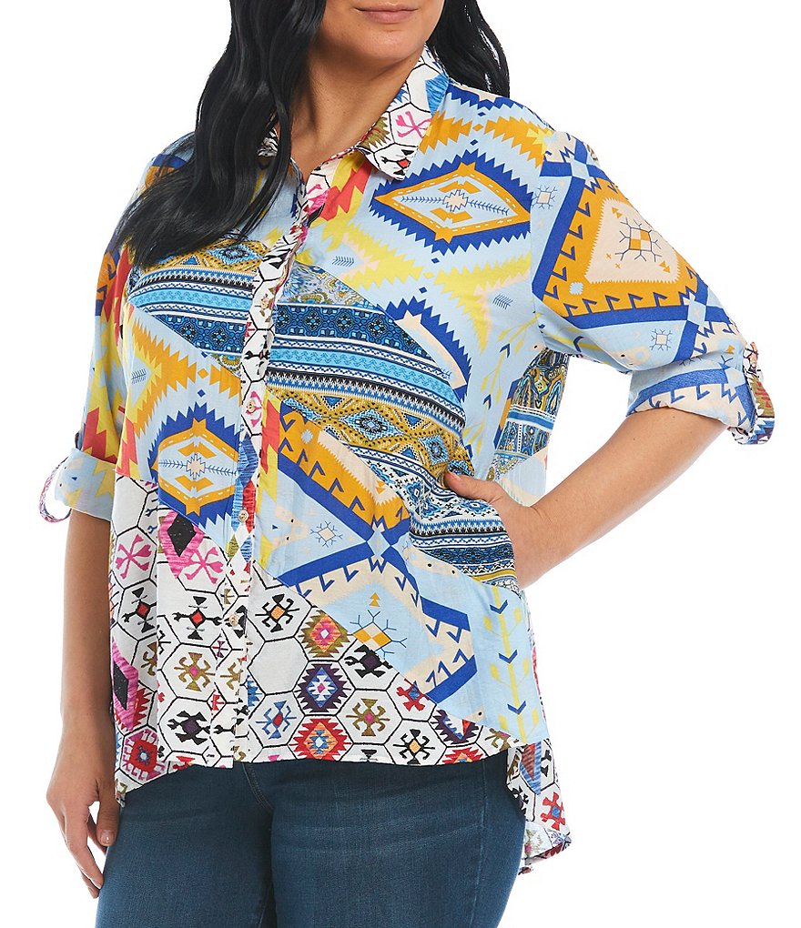 Calessa Plus Size Patchwork Abstract Tile Print Point Collar Neck Roll-Tab Long Sleeve Tunic